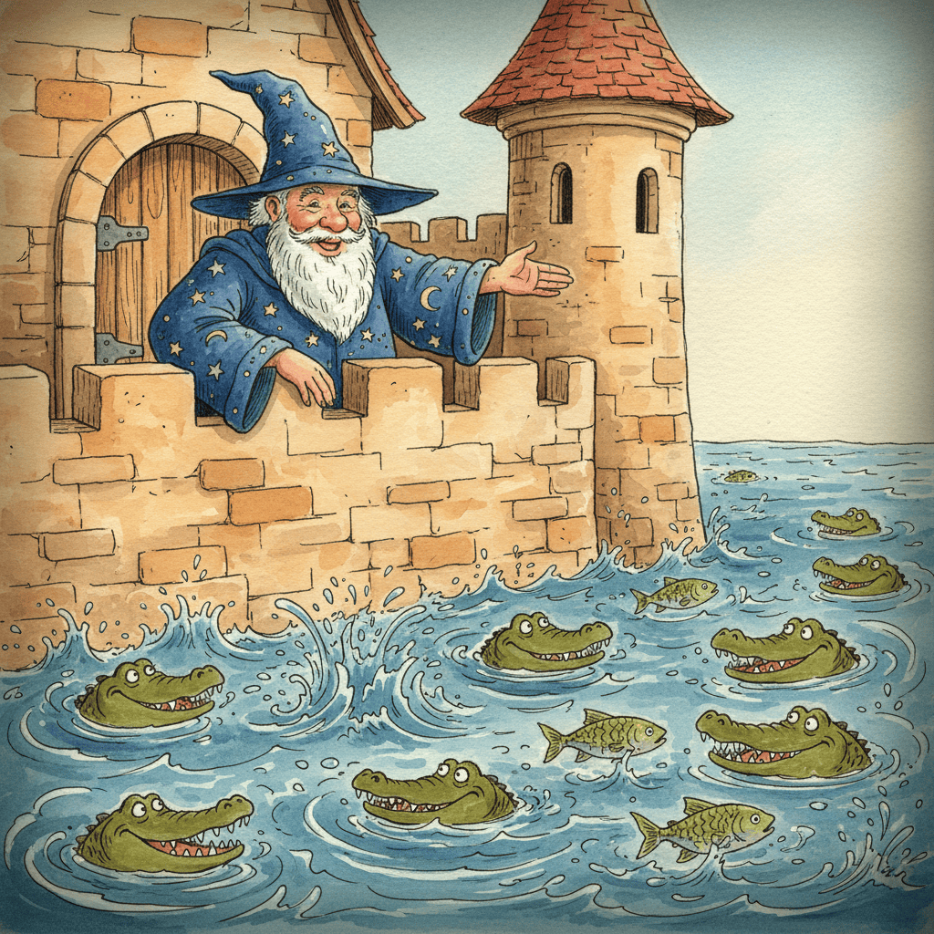Cody Is Cheating — cover art: a white-bearded wizard in a star-strewn cornflower-blue robe stands on a castle battlement above a moat churning with alligators and piranhas.