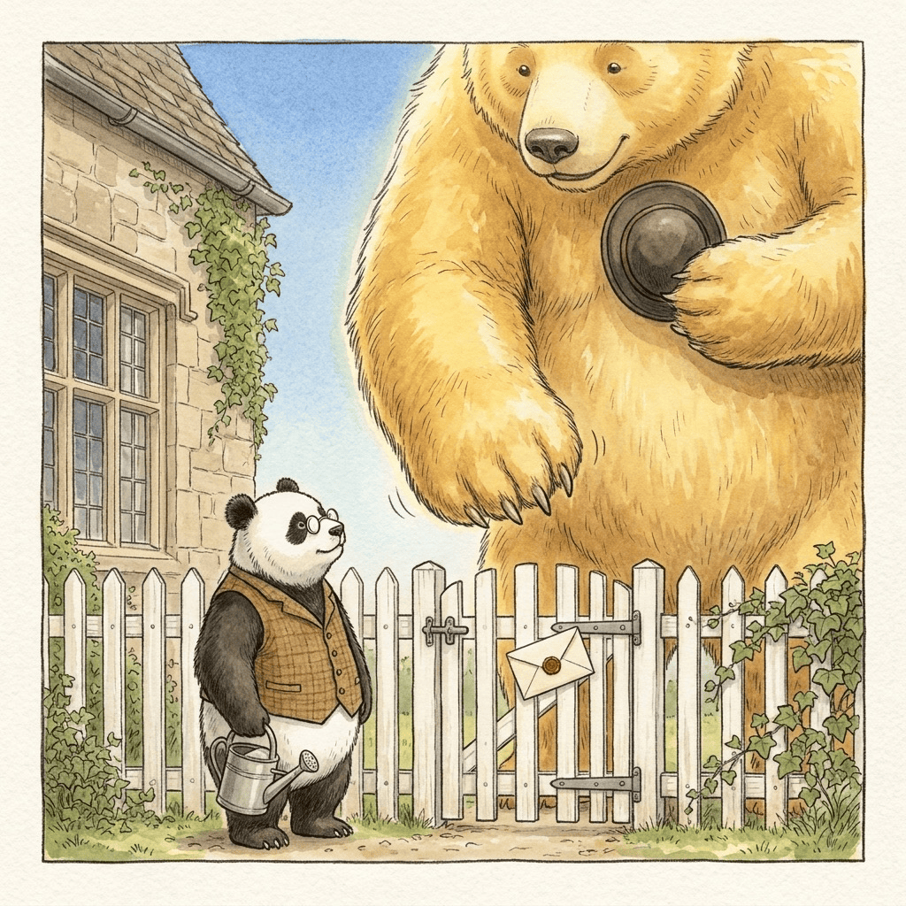 Fences, not Sandboxes — cover art: a colossal golden bear, hat in paw, stops politely at a knee-high white picket fence while a bespectacled panda in a waistcoat looks up from his garden.
