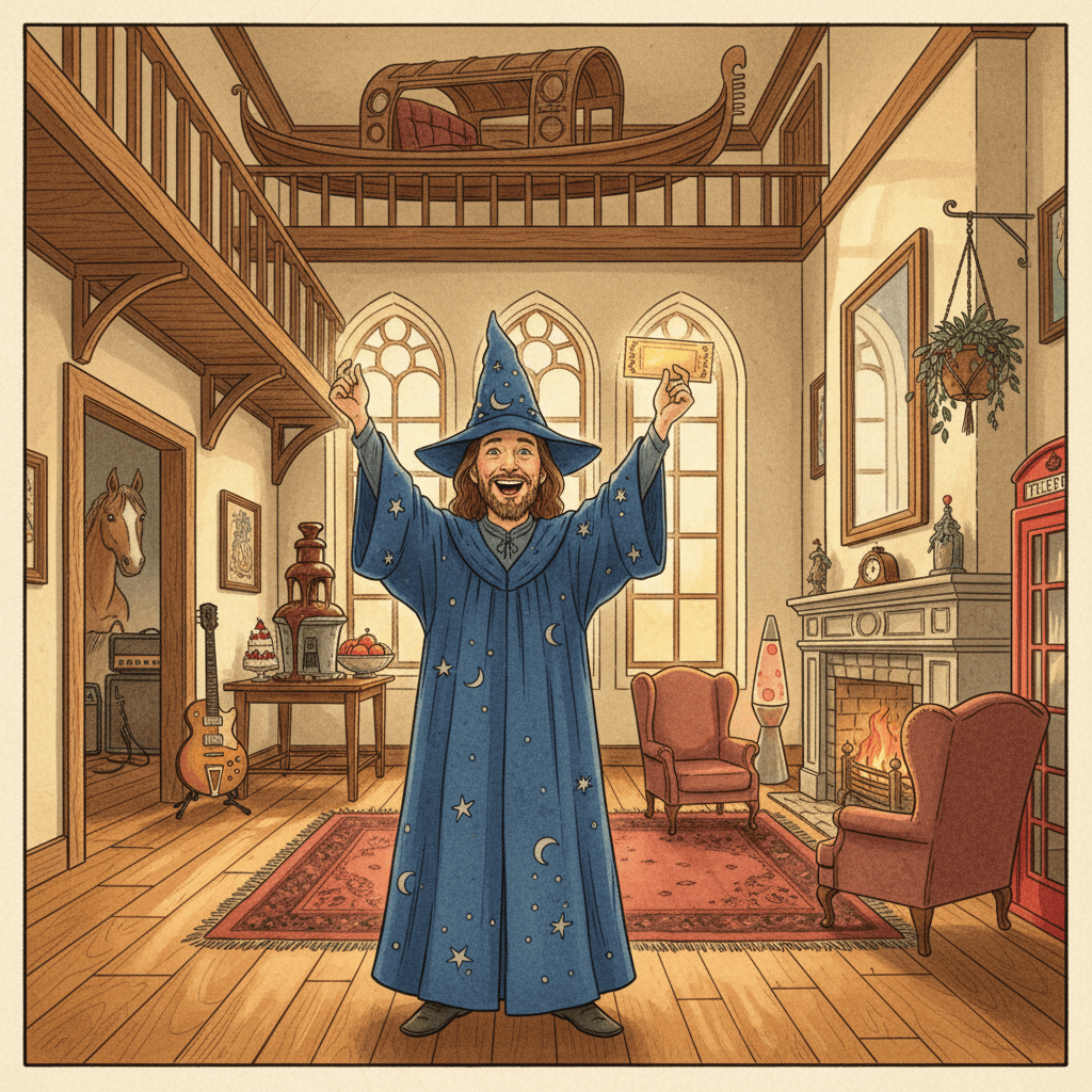 Like Winning the Lottery — cover art: a blue-robed wizard stands amazed in the middle of a wondrous sunlit office, gondola boats moored on an upper balcony, a chocolate fountain and a music-studio door behind him, a golden ticket in one hand.