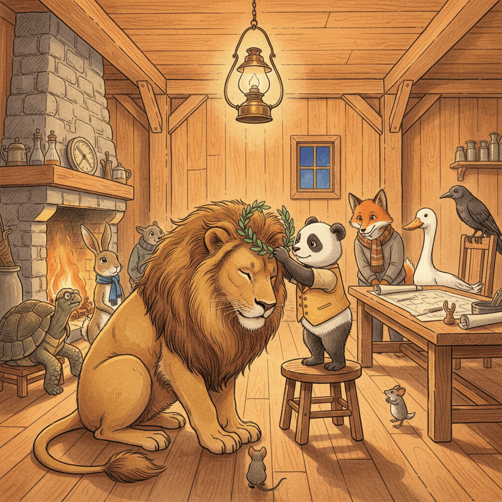 The Shape of Things to Come, Part 2 — cover art: in a lamplit wooden guildhall, a panda in a waistcoat stands on a stool placing a laurel wreath on the bowed head of a great gentle lion, while a tortoise in spectacles, a scarfed hare, a fox, a goose, a crow, and mice look on warmly.