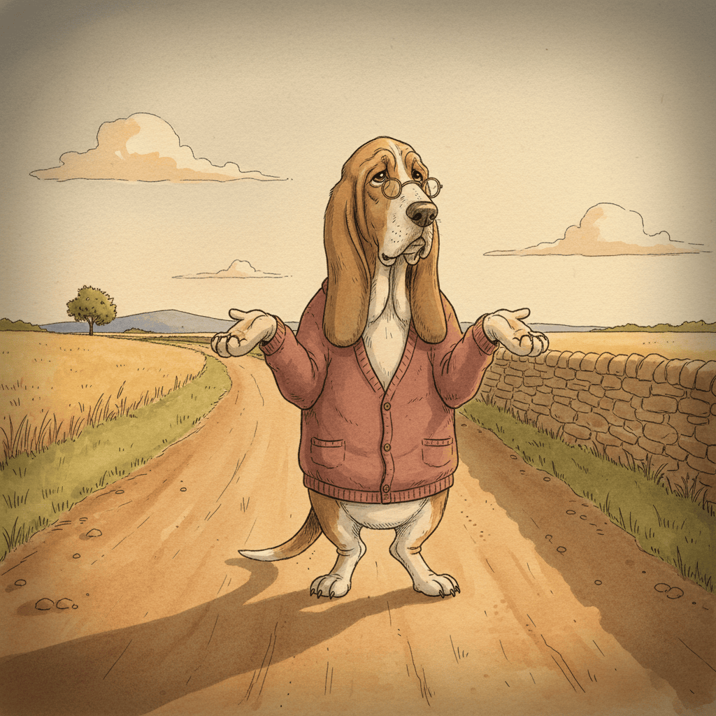Really, No Big Deal — a watercolour illustration in the Wind-in-the-Willows register: an elderly basset hound in brass spectacles and a faded cardigan stands on a quiet country lane in late-afternoon light, forepaws spread in a small understated shrug, no one else in sight.