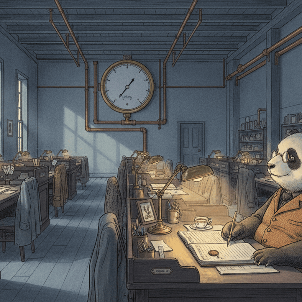 Seats and Sunsets — cover art: a long pre-dawn workshop hall of empty desks with coats on the chairs and brass nameplates, every lamp dark but one, where a bespectacled panda in a waistcoat works over a ledger.
