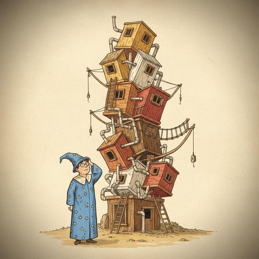 N-Tier Services and Systems Complexity — cover art: a young bespectacled wizard in a star-strewn blue robe gazes up at a teetering, many-storeyed tower of mismatched stacked rooms lashed together with pipes and ladders.