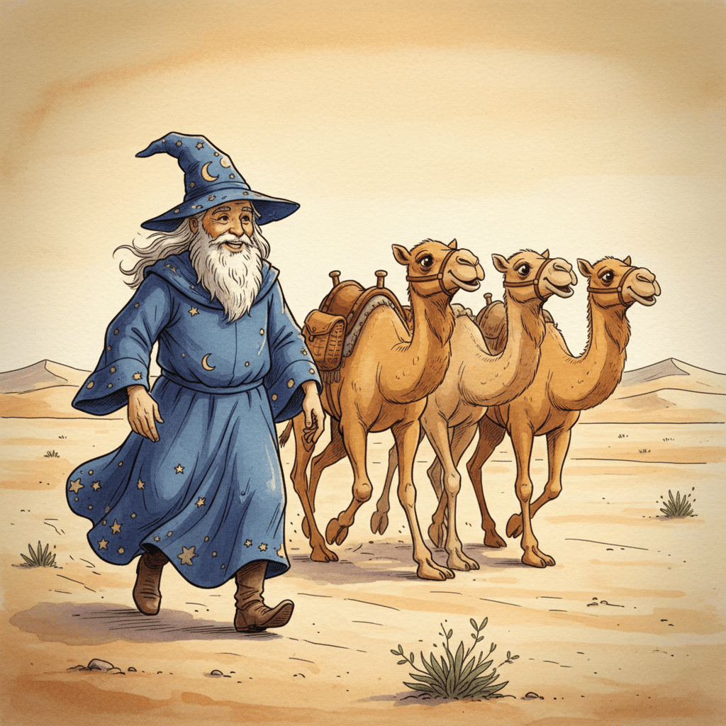The Brute Squad — cover art: a white-bearded wizard in a cornflower-blue star-strewn robe leading a small squad of eager camels across golden-dusk sand.
