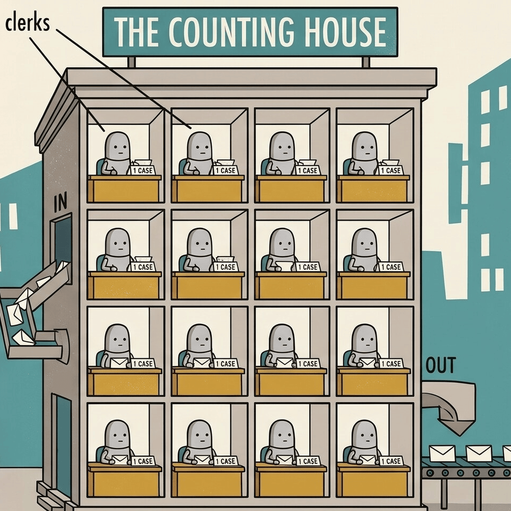 The Counting House — cover art: a gray office building cut open into a grid of identical cells, each with one plain gray clerk robot working one case at its desk, envelopes chuting in at IN and leaving on a conveyor at OUT.