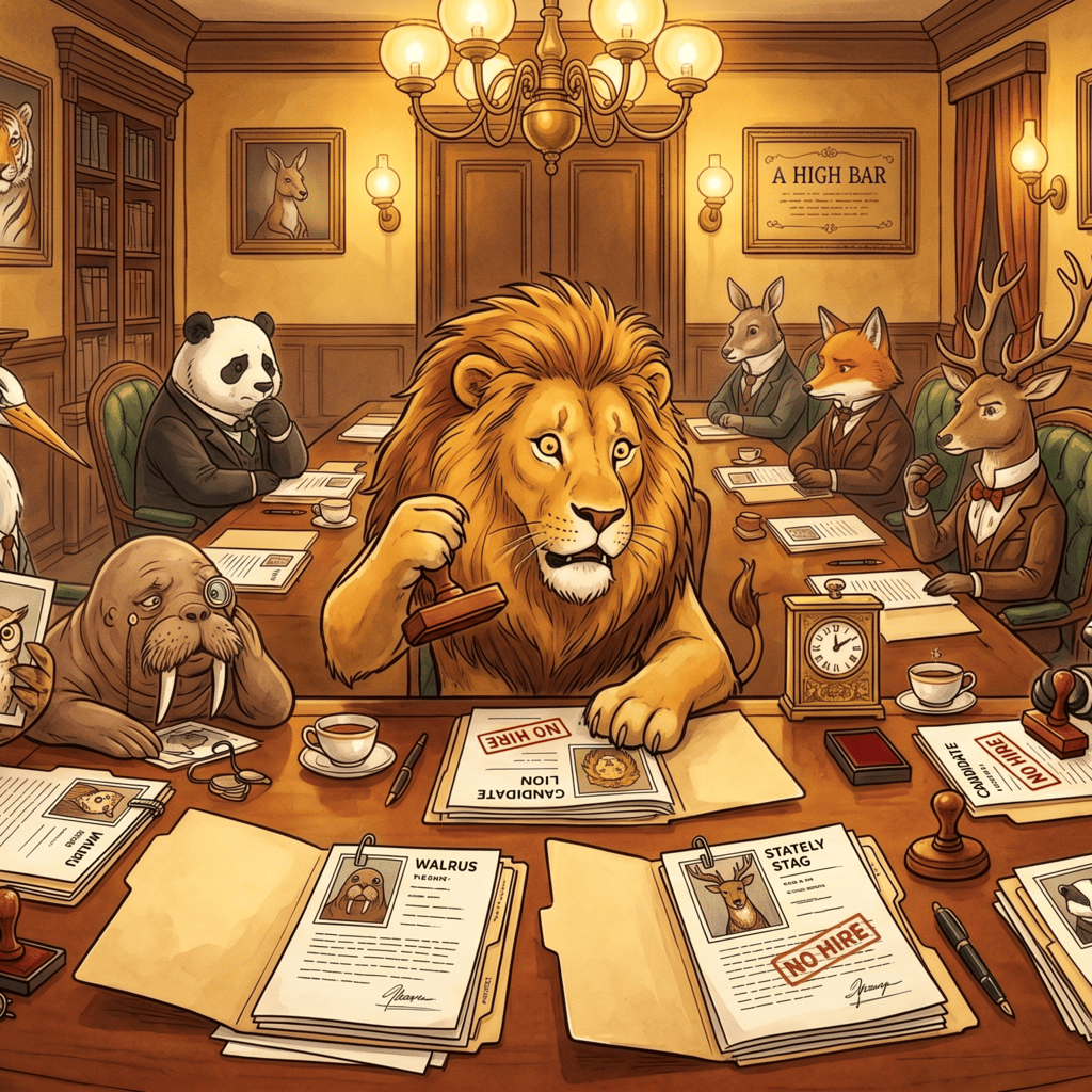 The Last Technical Interview — cover art: a hiring committee of anthropomorphic animals in Victorian dress, a lion chairing with a gavel under a placard reading A HIGH BAR, the table strewn with résumé packets stamped NO HIRE.