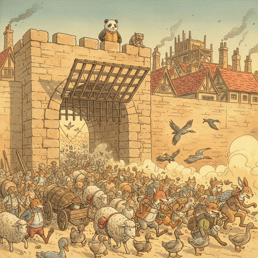 The Shape of Things to Come, Part 1 — cover art: a storybook city gate with its portcullis raised while a joyous stampede of animals pours through the too-small arch all at once, a panda in a waistcoat and a stone gargoyle watching serenely from the gatehouse wall, scaffolded towers rising behind.
