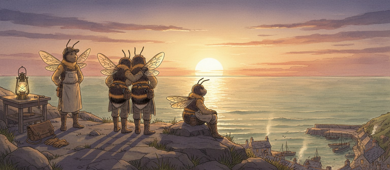 Four bee-people in work aprons on a clifftop above a small harbour town, tools set down and a lantern lit, watching the sun go down over a calm sea.