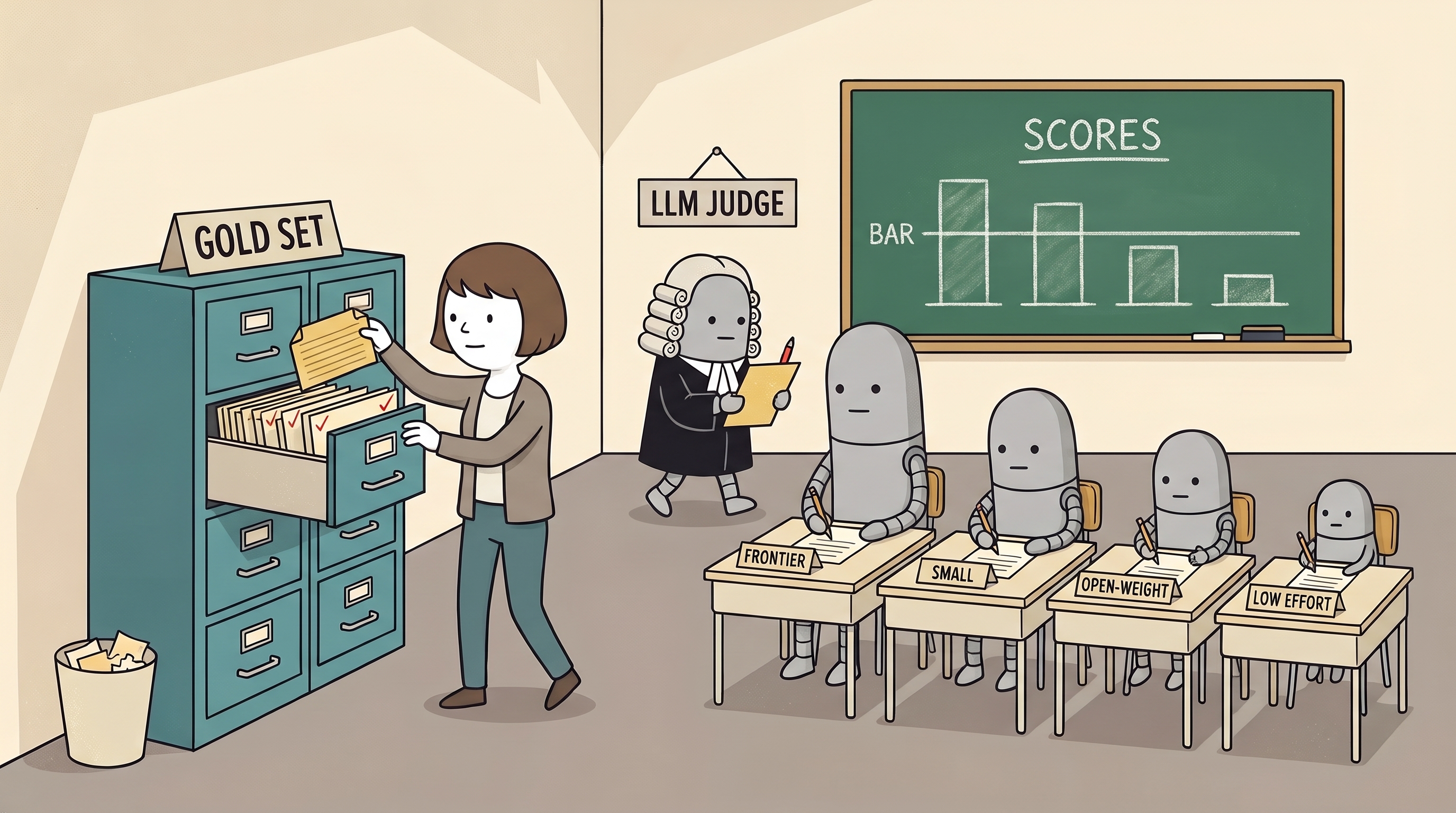 An exam hall: a curator files cards in the GOLD SET cabinet, four clerk robots of different sizes, labelled frontier, small, open-weight and low effort, sit the same exam, and an LLM judge in a court wig grades their papers against the cards. The chalkboard scores show two models above the bar and two below.