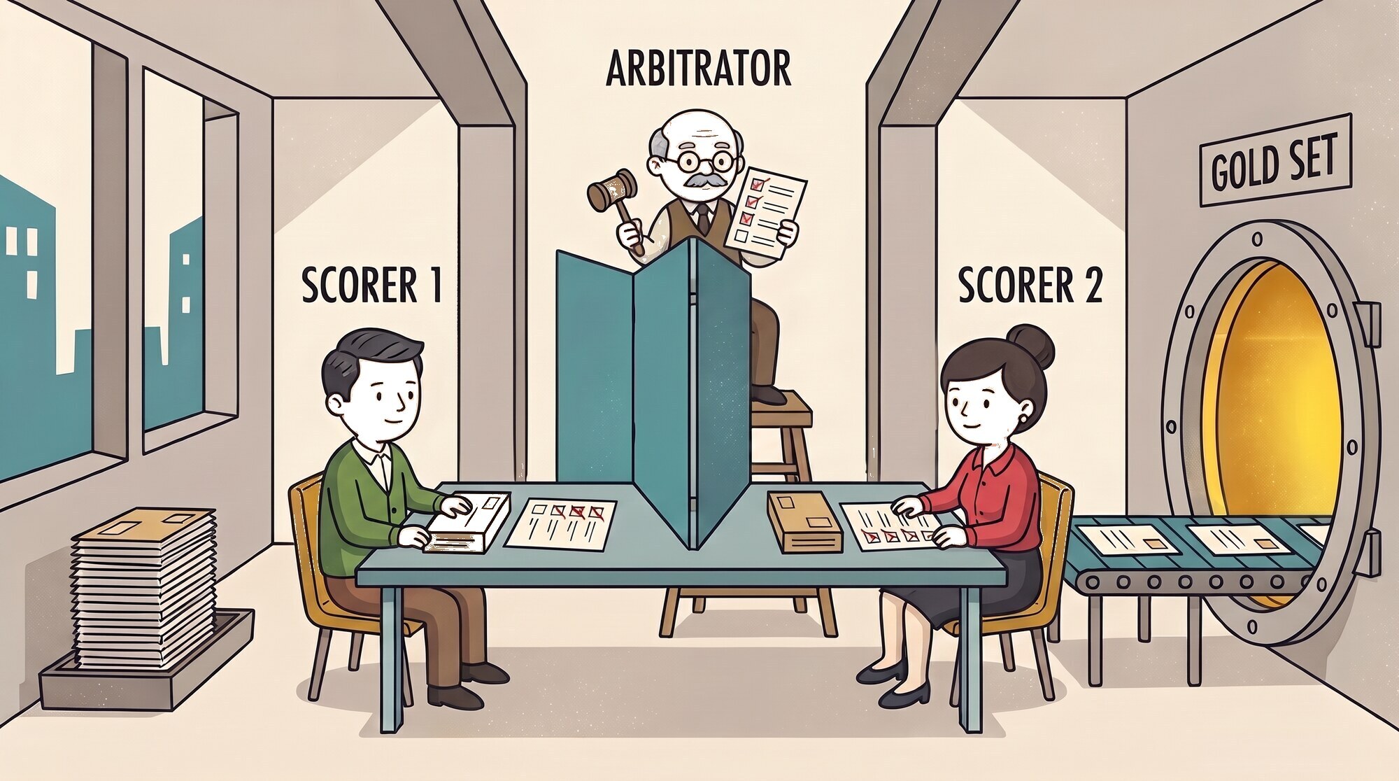 Two scorers mark the same case on either side of a screen without seeing each other, an arbitrator settles disagreements, and agreed cases go into the gold set.