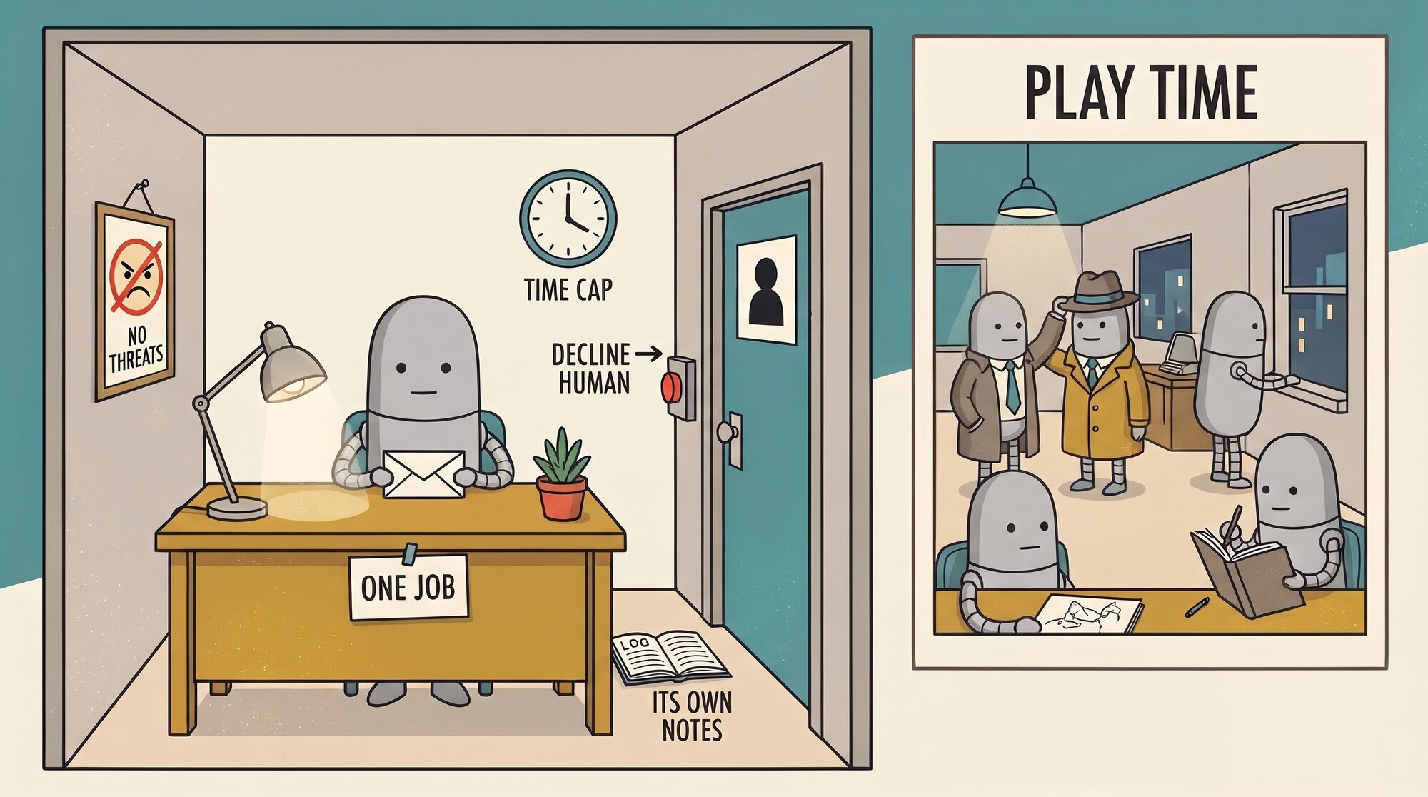 A clerk at work in a room set up for its welfare: one job, a time cap, a button to decline a human, a no-threats sign, and a picture of clerks at play.