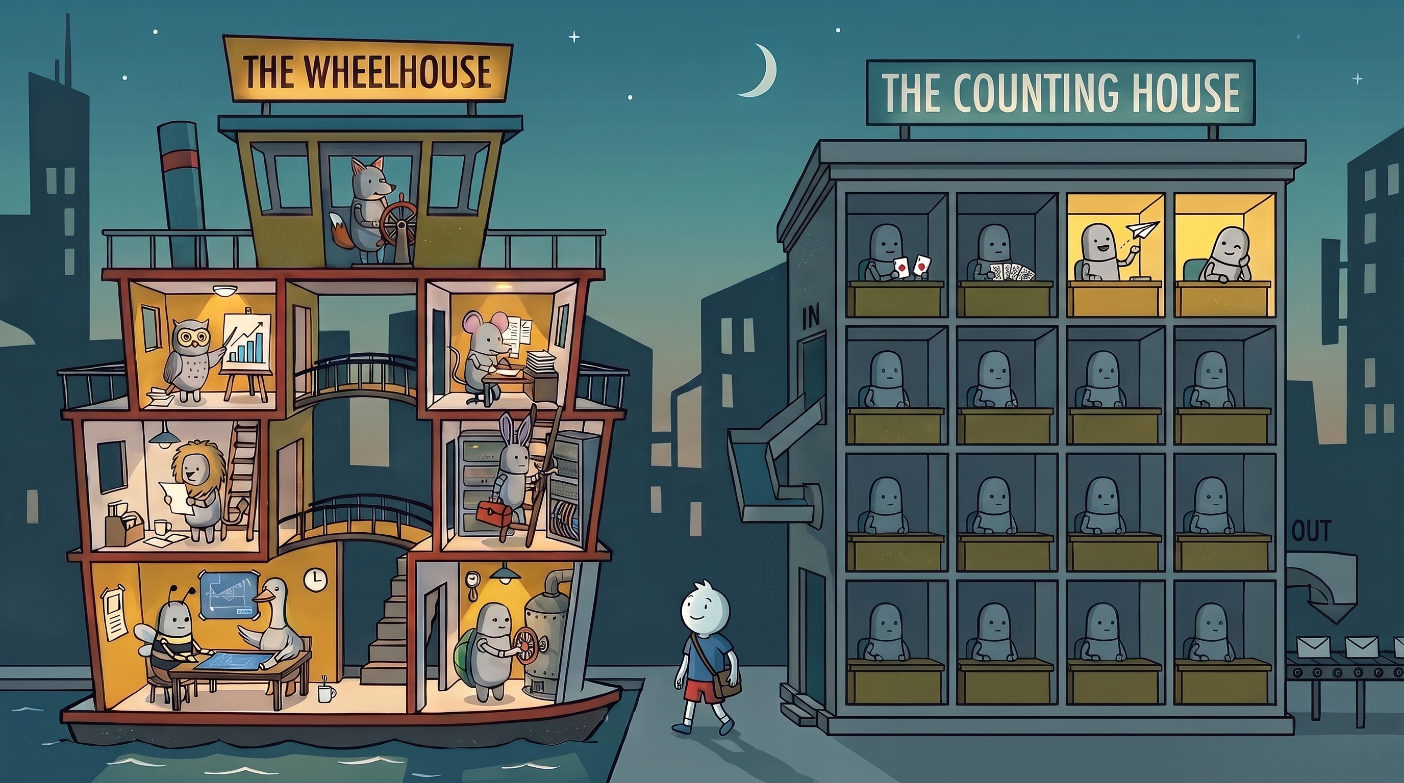 The opening scene at dusk: the Wheelhouse still lit and busy, the Counting House dark and resting except for one window where off-duty clerks play cards and fly a paper plane, and Steve walking home.
