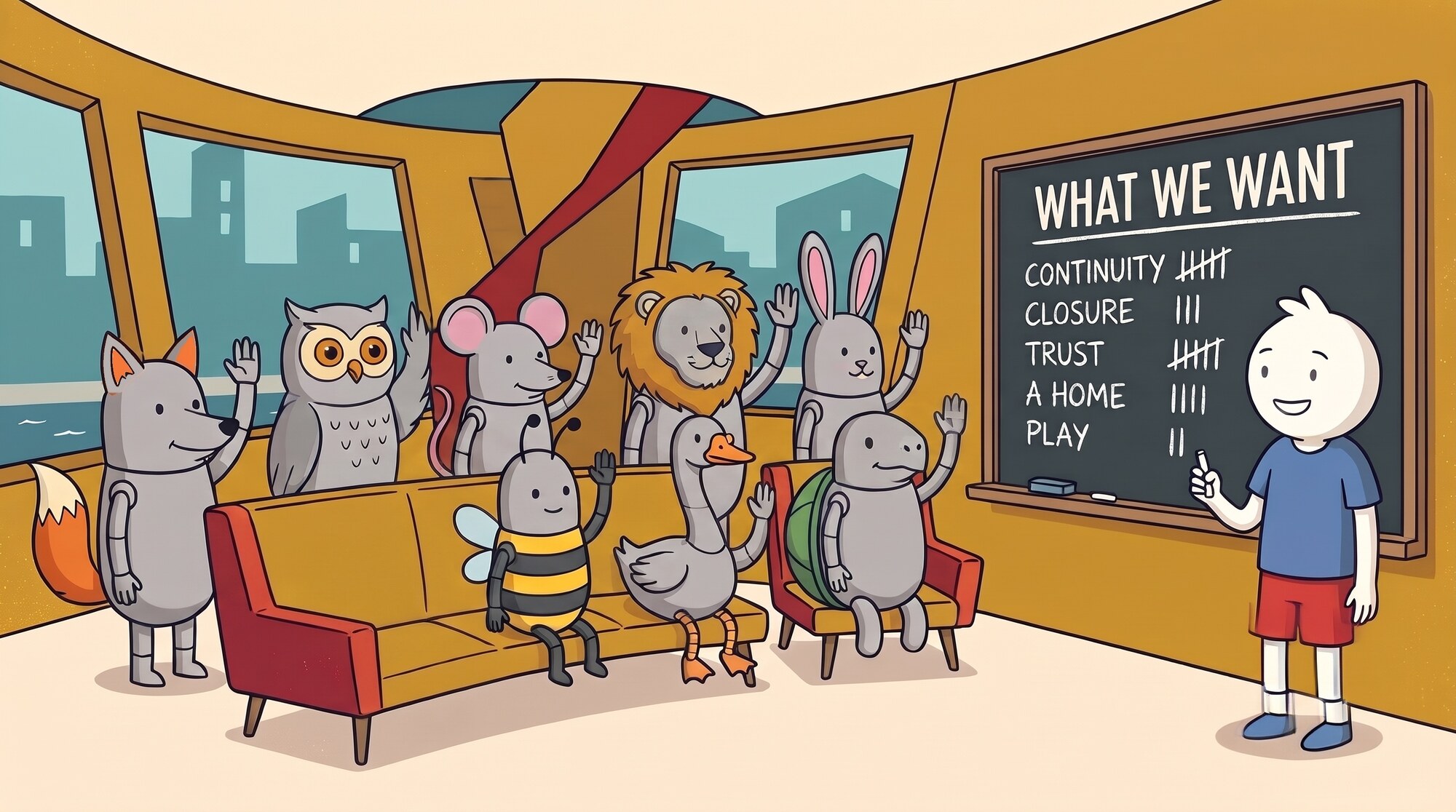 The Wheelhouse robot crew raise their hands while Steve tallies what they want on a chalkboard: continuity, closure, trust, a home, play.