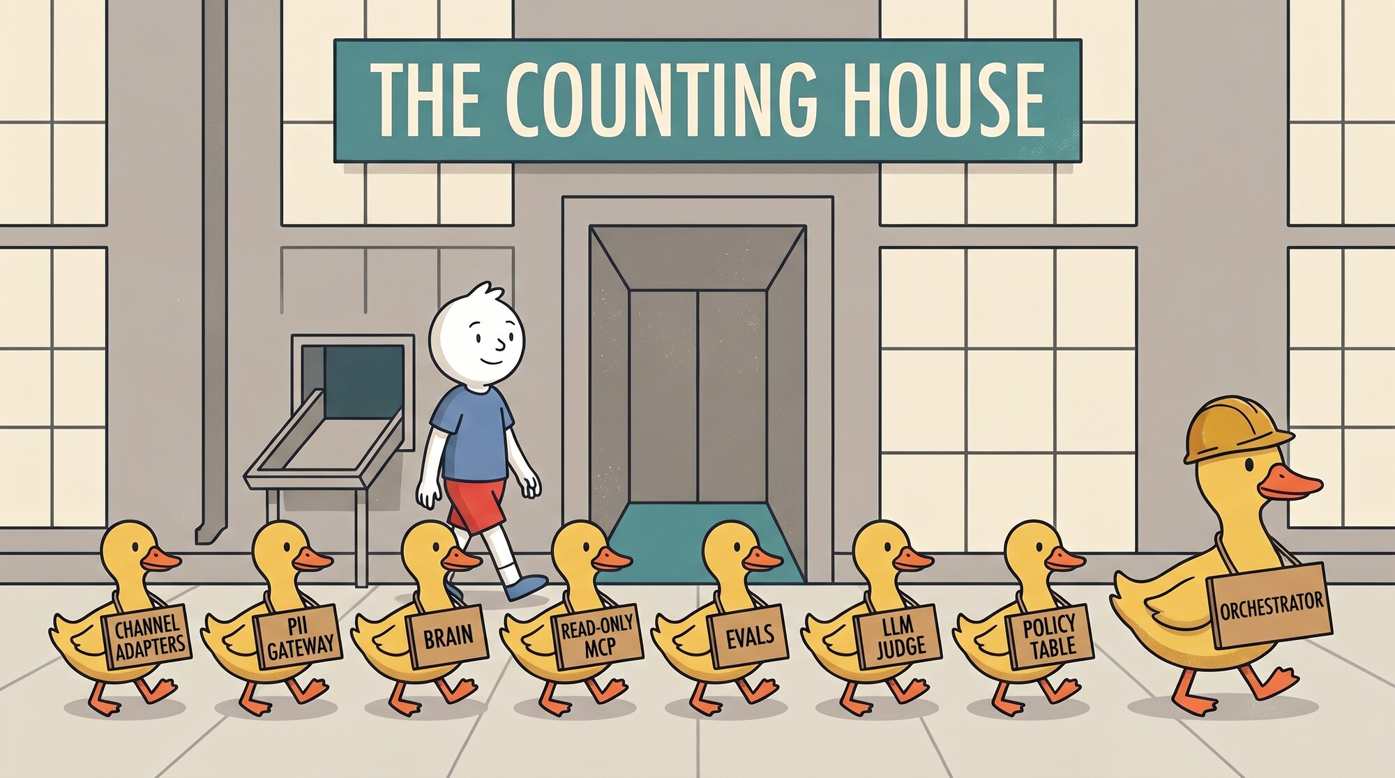 Steve walks past a row of ducks, each wearing the name of one Counting House component, led by a big orchestrator duck in a hard hat.