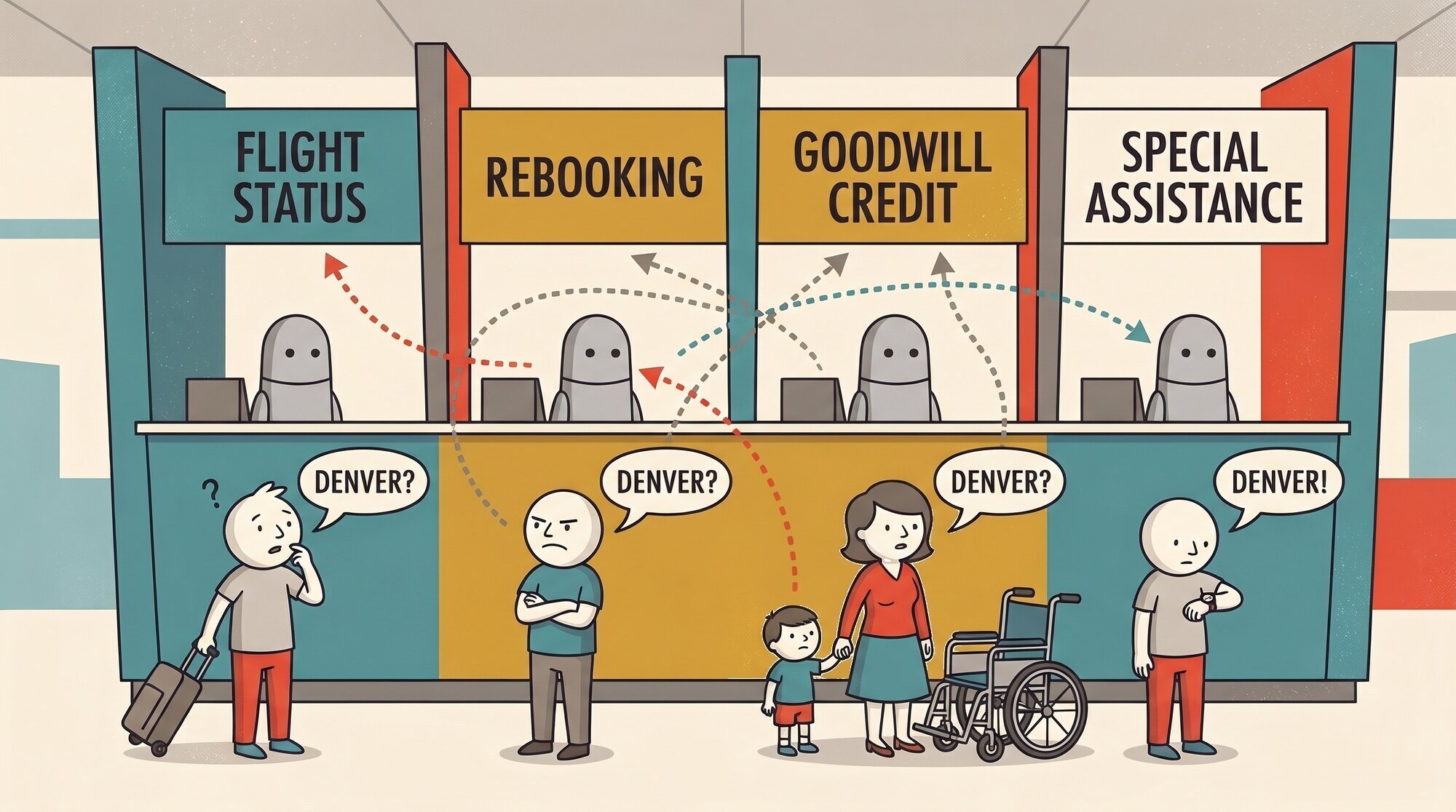 Four customers ask about Denver four different ways, and clerks route some of them to the wrong intent window.