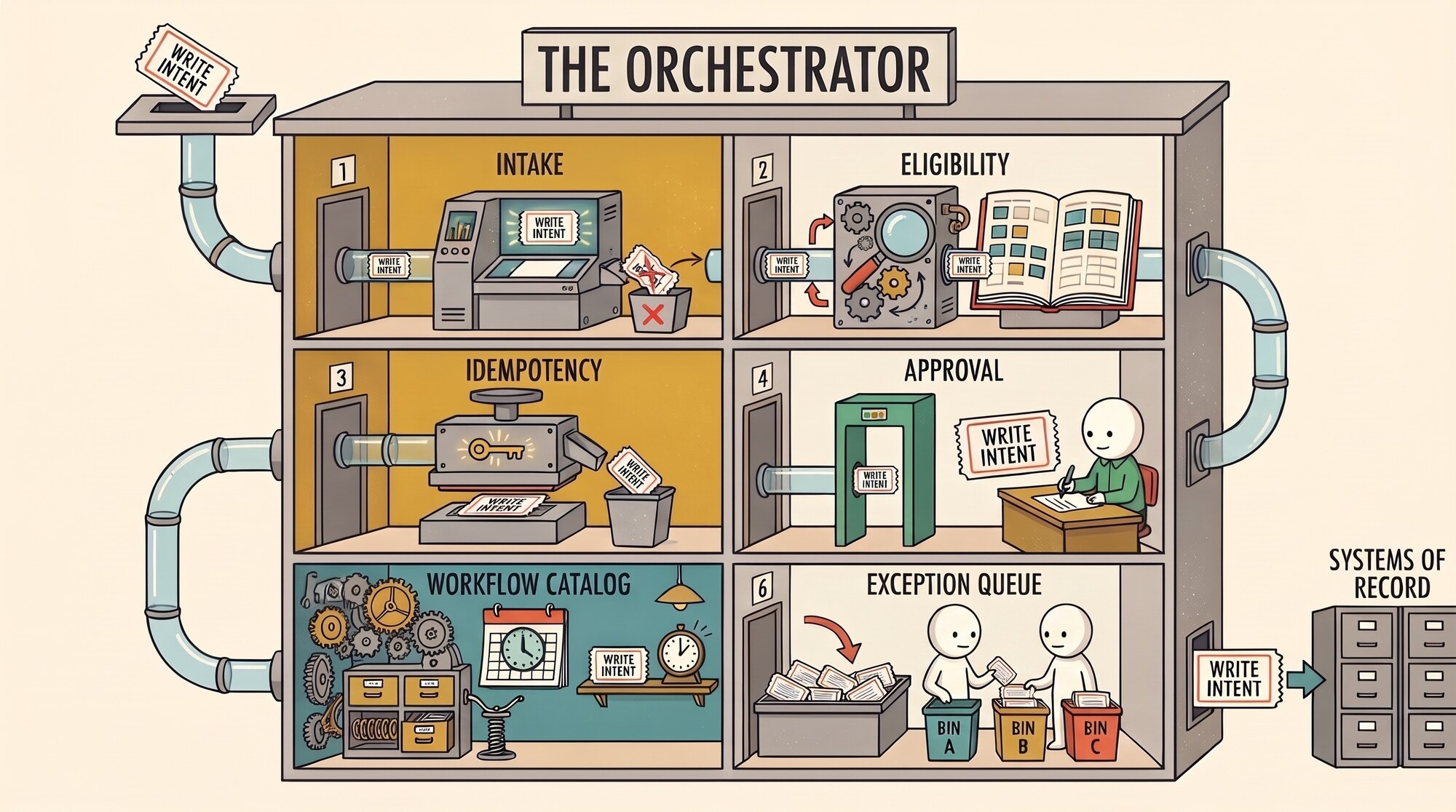 The orchestrator as a building of six rooms, intake, eligibility, idempotency, approval, workflow catalog and exception queue, passing write intents to the systems of record.