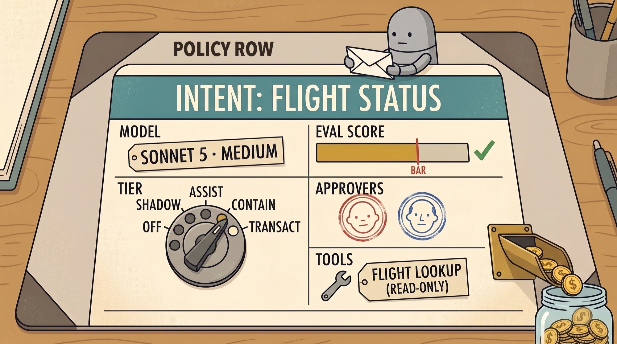 One policy-table row as a ledger card: flight status, Sonnet 5 at medium effort, tier dial set to contain, eval score at the bar, two approvers, one read-only tool, and coins dropping into a savings jar.
