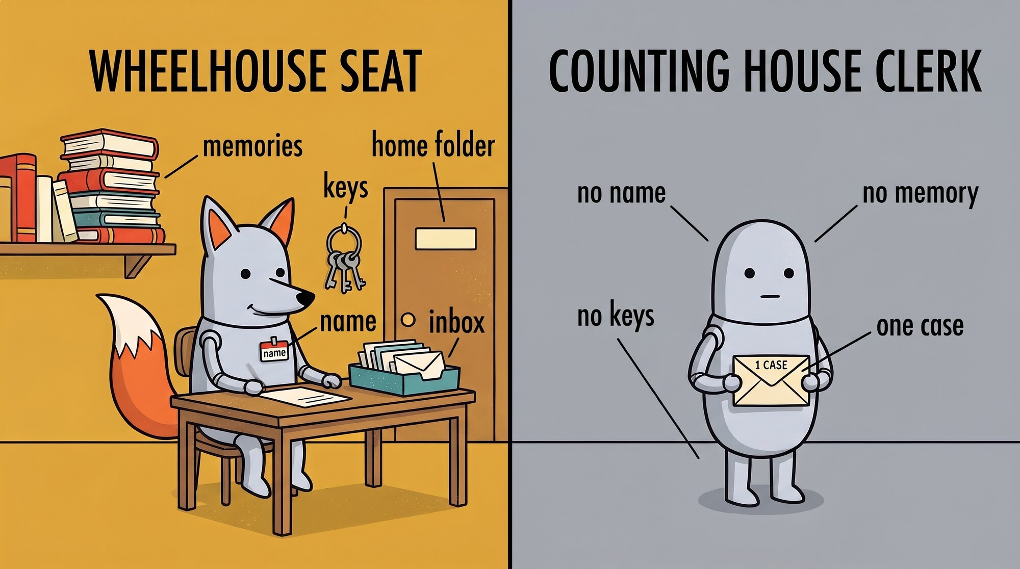A Wheelhouse seat with a name, keys, inbox and memories, next to a Counting House clerk with nothing but one case.