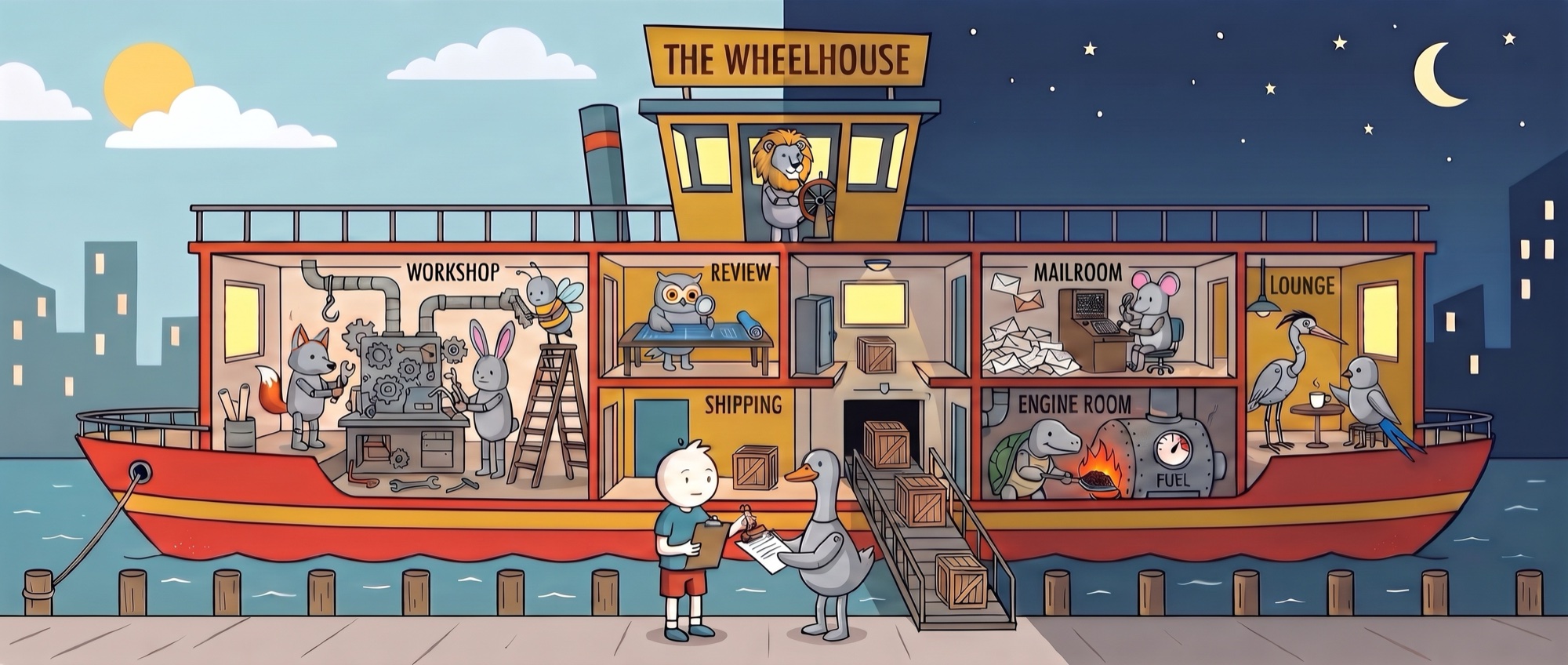 The Wheelhouse riverboat in cross-section, its robot crew steering, building, reviewing and stoking the boiler, while Steve signs off a sheet on the dock.