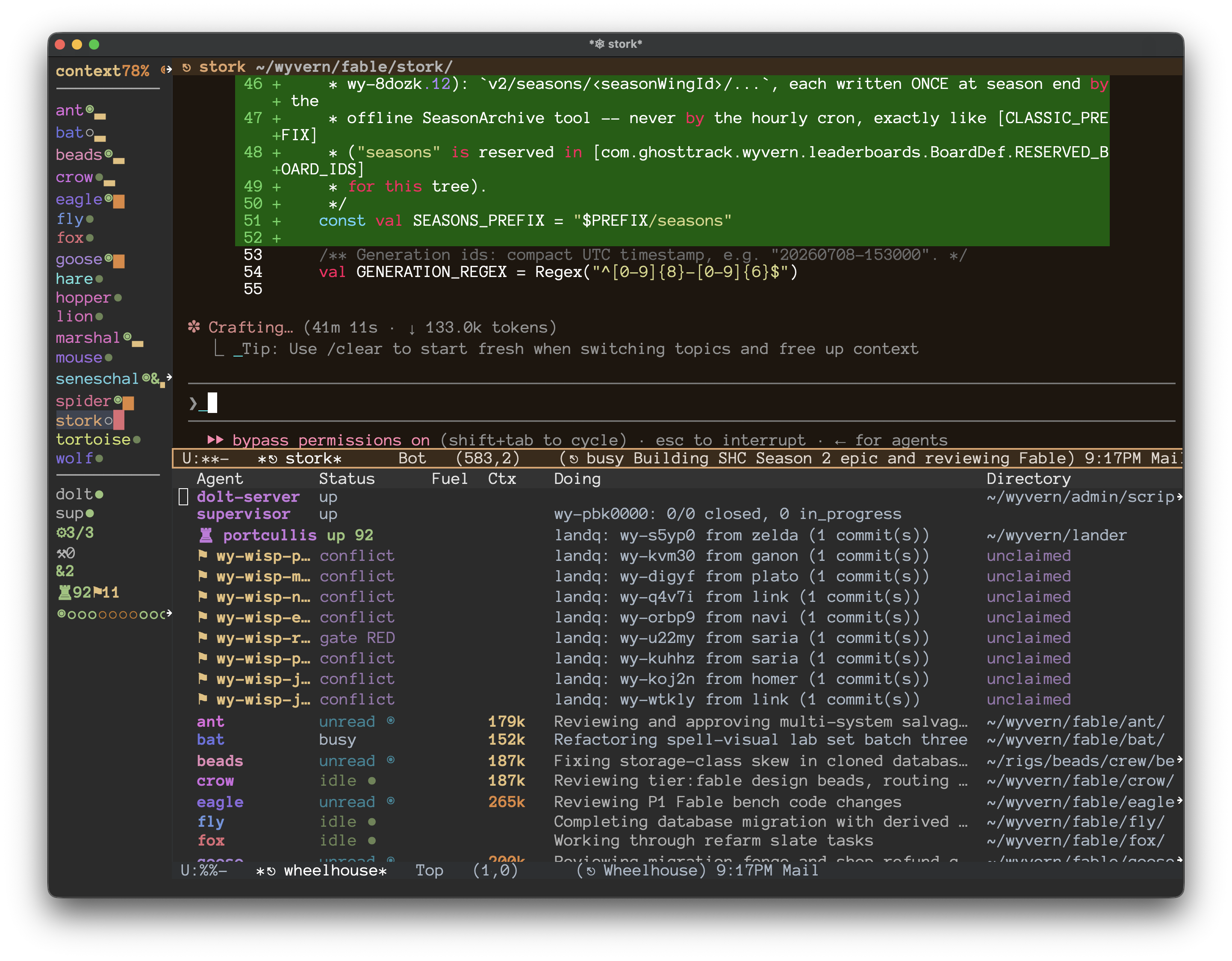 The Wheelhouse cockpit: an Emacs frame with the crew rolodex down the left edge, an agent session reviewing a Kotlin diff, and the fleet dashboard below showing the Portcullis land queue and per-agent status