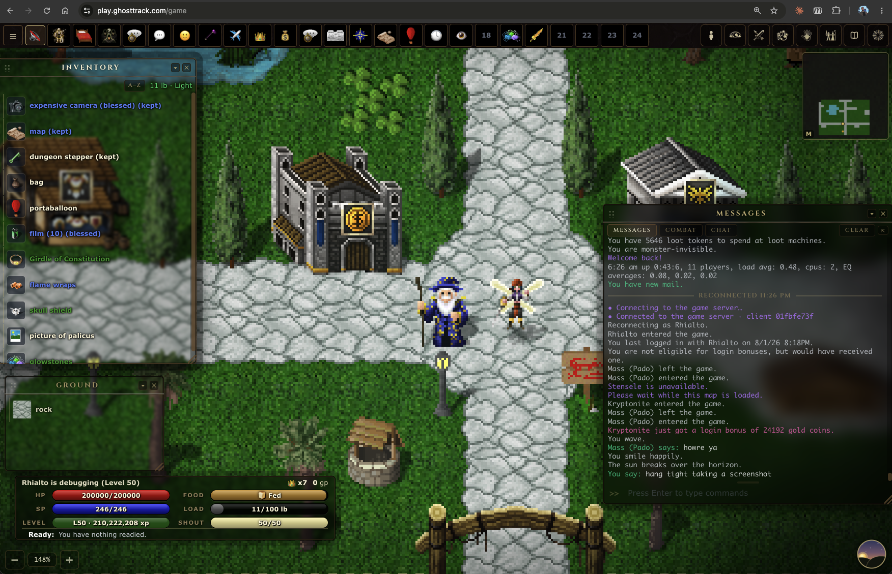 The Wyvern web client at play.ghosttrack.com: Rhialto the wizard stands on a cobblestone village road beside a winged fae player, with inventory and ground panels on the left, a minimap in the corner, and the message console reporting 11 players online